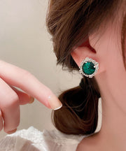 Simple Emerald Green Copper Zircon Crystal Square Stud Earrings