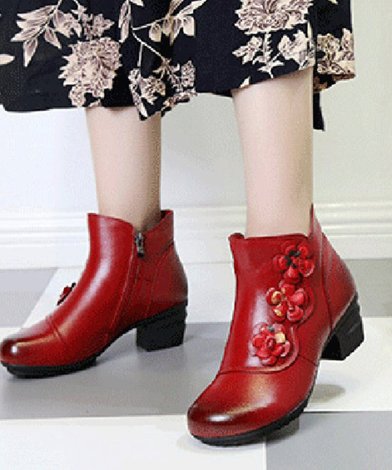 Simple Floral Splicing Cowhide Leather Boots Red Chunky Heel