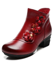 Simple Floral Splicing Cowhide Leather Boots Red Chunky Heel