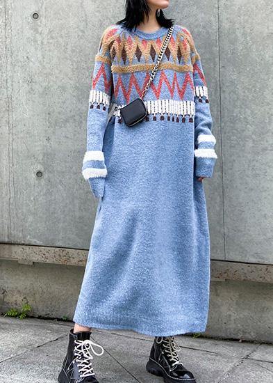 Simple Geometric Sweater winter dresses Classy blue o neck Fuzzy knit dresses - SooLinen