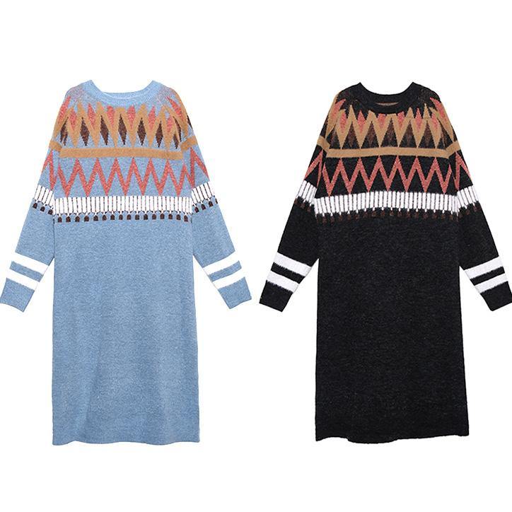 Simple Geometric Sweater winter dresses Classy blue o neck Fuzzy knit dresses - SooLinen
