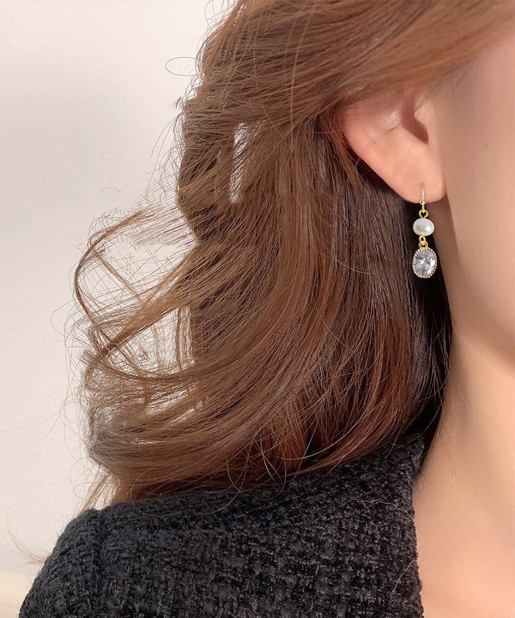 Simple Gold Sterling Silver Overgild Zircon Pearl Geometry Drop Earrings