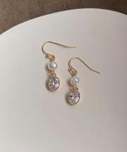 Simple Gold Sterling Silver Overgild Zircon Pearl Geometry Drop Earrings