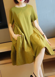 Simple Grass Green O-Neck Patchwork Exra Large Hem Cotton Dress Summer