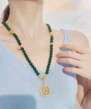 Simple Green Ancient Gold Beading Gem Stone Graduated Bead Necklace