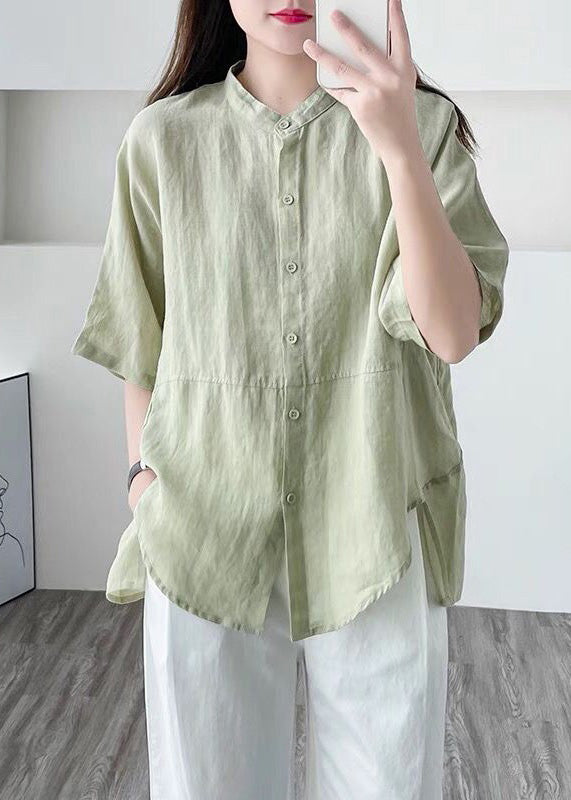 Simple Green Asymmetrical Button Cotton Shirt Summer