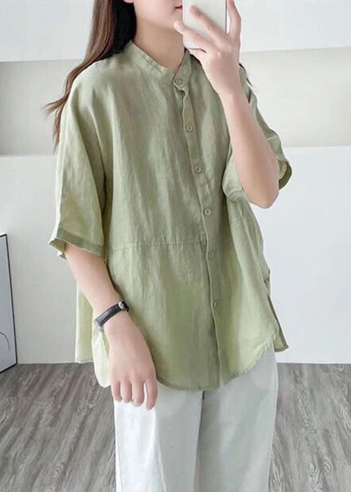 Simple Green Asymmetrical Button Cotton Shirt Summer