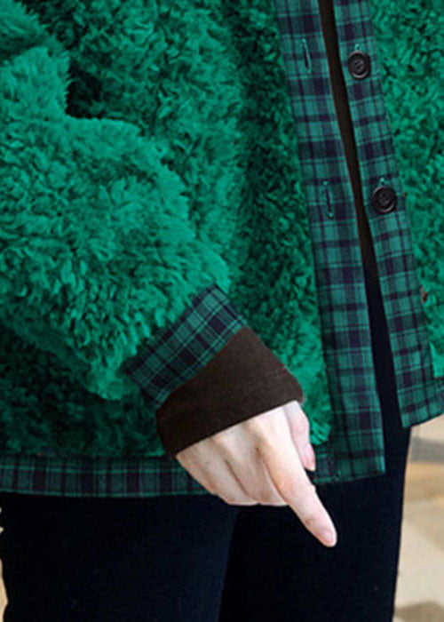 Einfacher grüner Knopf-Patchwork-Faux-Pelz-Outwear-Winter