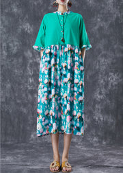 Simple Green Cinched Patchwork Print Linen Maxi Dresses Butterfly Sleeve