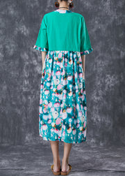 Simple Green Cinched Patchwork Print Linen Maxi Dresses Butterfly Sleeve