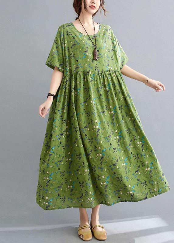 Simple Green Circle O-Neck Print Summer Loose Maxi Dresses Half Sleeve - SooLinen