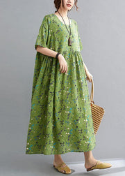 Simple Green Circle O-Neck Print Summer Loose Maxi Dresses Half Sleeve - SooLinen