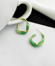 Simple Green Copper Gold Plated C Graphic Hoop Earringss