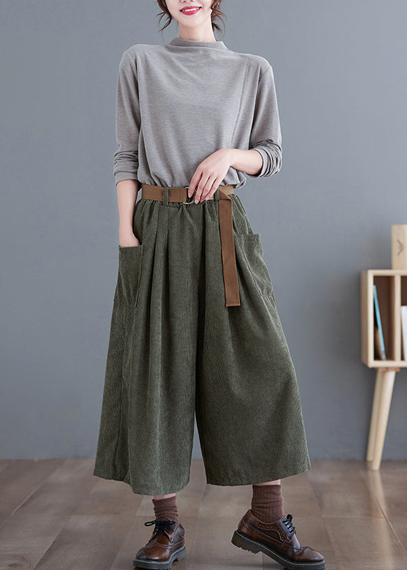Simple Green Elastic Waist Pockets Corduroy Pants Fall