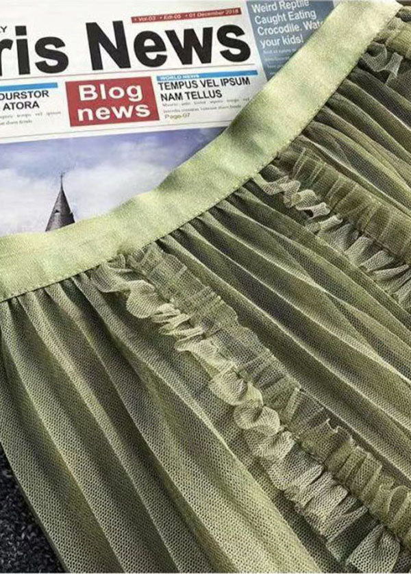 Simple Green Elastic Waist Ruffled Tulle Pleated Skirts Spring