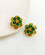 Simple Green Floral Copper Glod Plated Stud Earrings