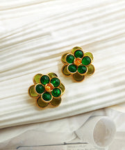 Simple Green Floral Copper Glod Plated Stud Earrings