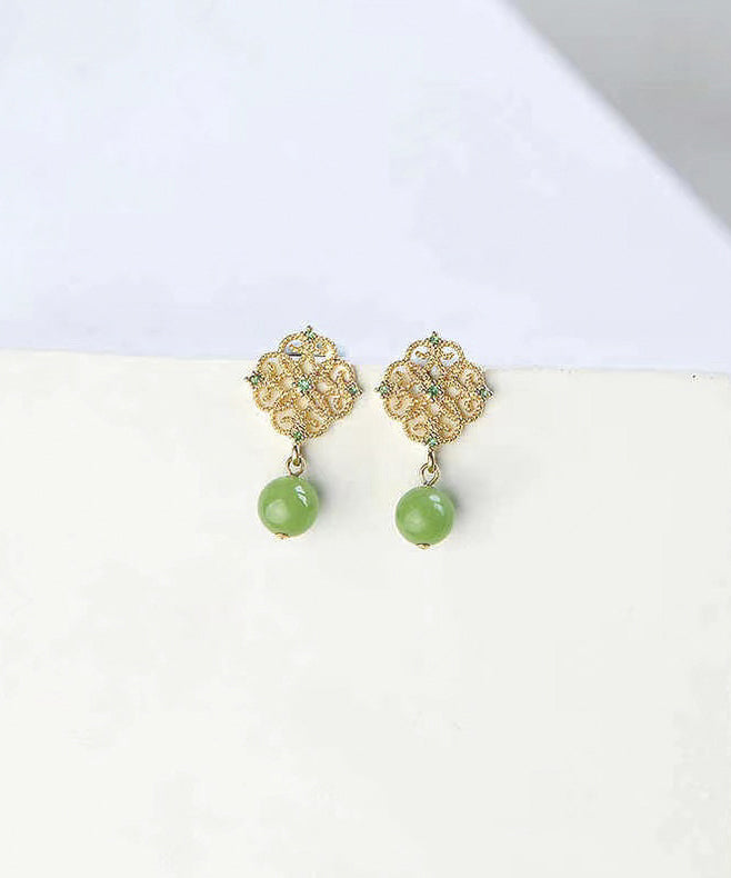 Simple Green Floral Hetian Jade Stud Earrings
