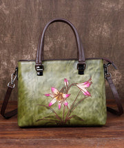 Simple Green Floral Paitings Calf Leather Tote Handbag