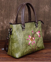 Einfache Handtasche aus Kalbsleder mit Blumenmuster in Grün