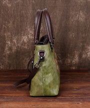 Simple Green Floral Paitings Calf Leather Tote Handbag