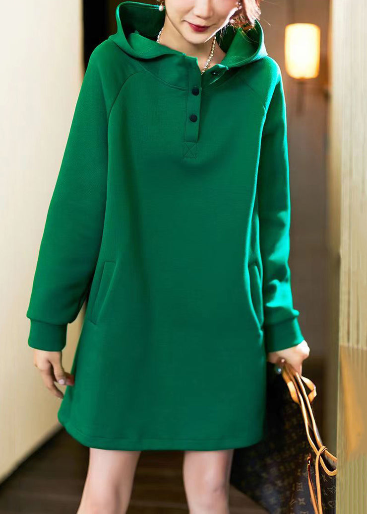 Simple Green Hooded Pockets Patchwork Cotton Dress Long Sleeve