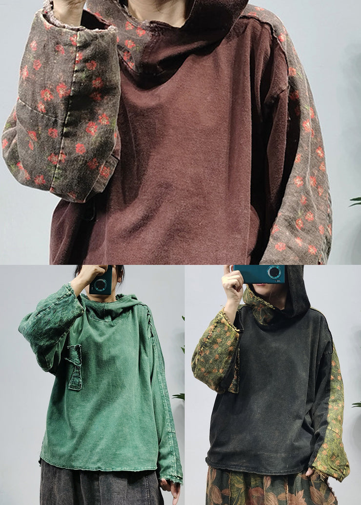 Simple Green Hooded Print Linen Sweatshirts Tracksuits Long Sleeve