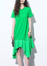 Simple Green O-Neck Asymmetrical Design Patchwork Wrinkled Long Dress Short Sleeve