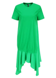 Simple Green O-Neck Asymmetrical Design Patchwork Wrinkled Long Dress Short Sleeve