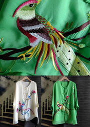 Simple Green O Neck Embroidered Silk Blouses Top Summer