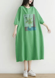 Simple Green O-Neck Oversized Print Cotton Dress Half Sleeve