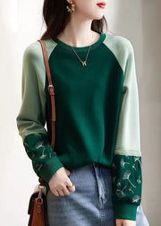 Simple Green O Neck Patchwork Cotton Sweatshirts Spring