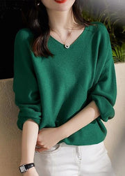 Simple Green O Neck Patchwork Cozy Cotton Knit Top Long Sleeve