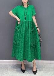 Simple Green O-Neck Patchwork Jacquard Cotton Long Dresses Summer