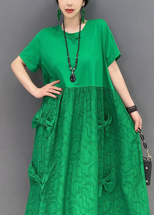 Simple Green O-Neck Patchwork Jacquard Cotton Long Dresses Summer