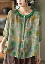 Simple Green O Neck Patchwork Print Linen Shirt Tops Half Sleeve