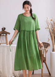 Simple Green O Neck Wrinkled Patchwork Linen Dress Summer