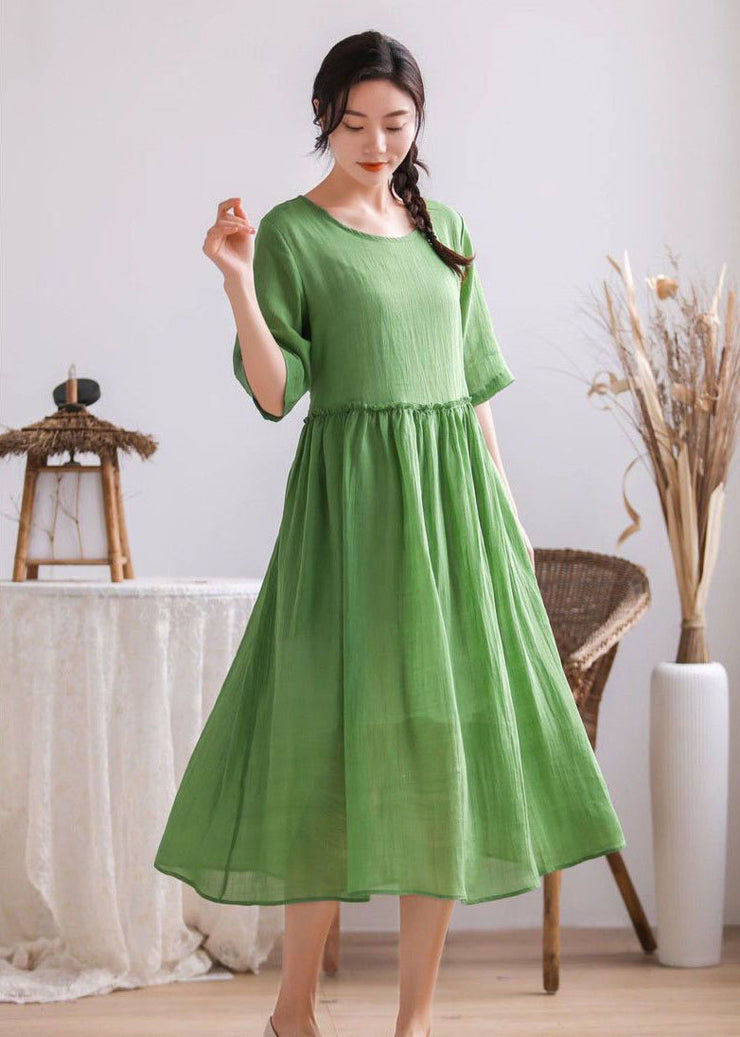 Simple Green O Neck Wrinkled Patchwork Linen Dress Summer