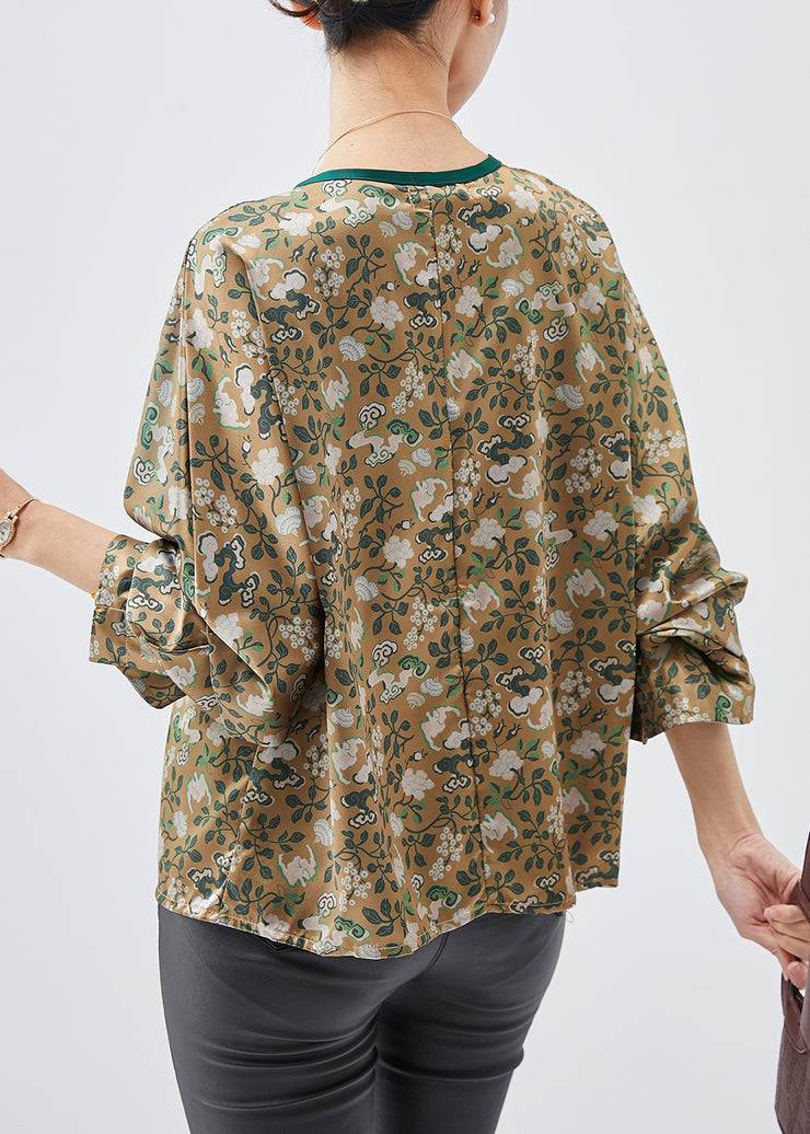 Simple Green Oversized Print Draping Silk Shirts Spring