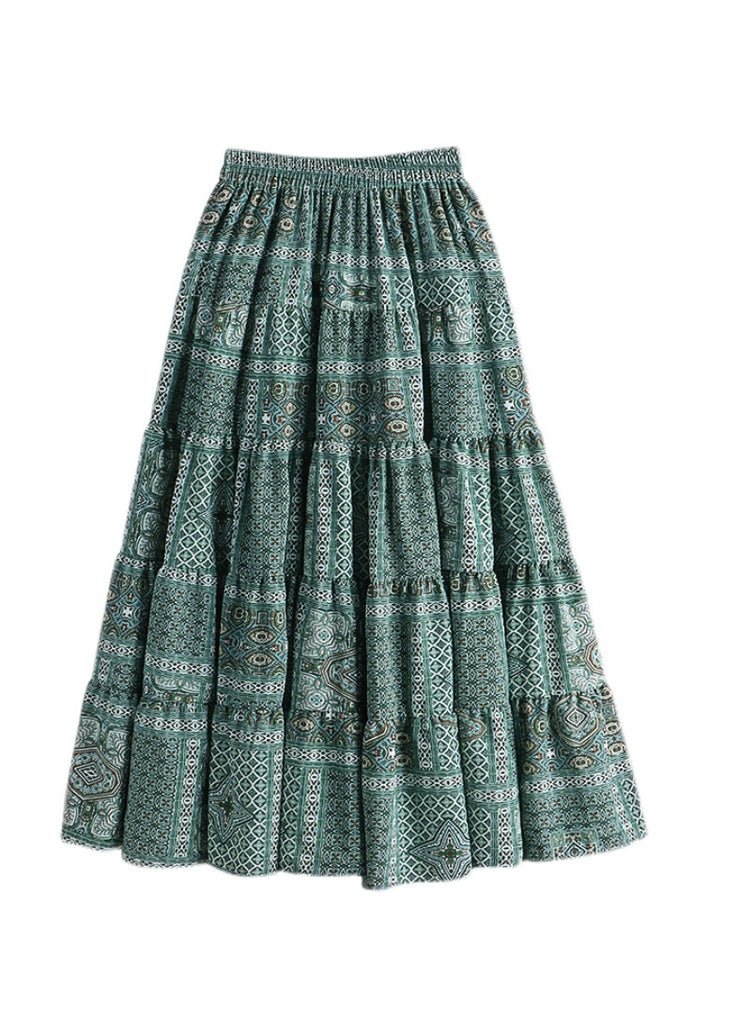 Simple Green Patchwork Elastic Waist Print A Line Skirt Fall