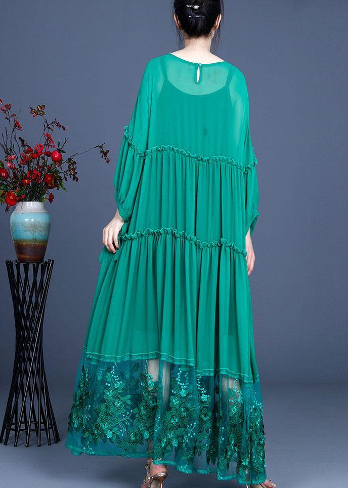 Simple Green Patchwork Lace Embroideried Hollow Out Summer Dress - SooLinen