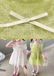 Simple Green Ruffled Patchwork Kids Long Dress Sleeveless