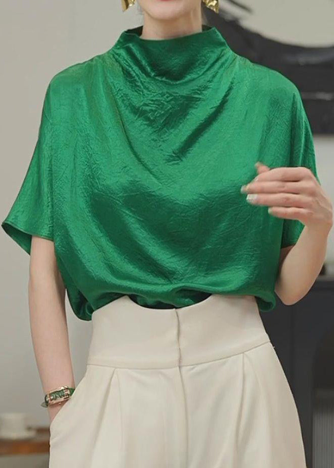Simple Green Solid Turtleneck Cotton T Shirt Short Sleeve