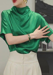 Simple Green Solid Turtleneck Cotton T Shirt Short Sleeve