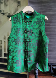 Simple Green Stand Collar Chinese Button Jacquard Silk Vest Summer