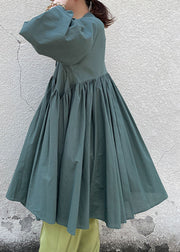 Simple Green Stand Collar Wrinkled Patchwork Cotton Dress Spring