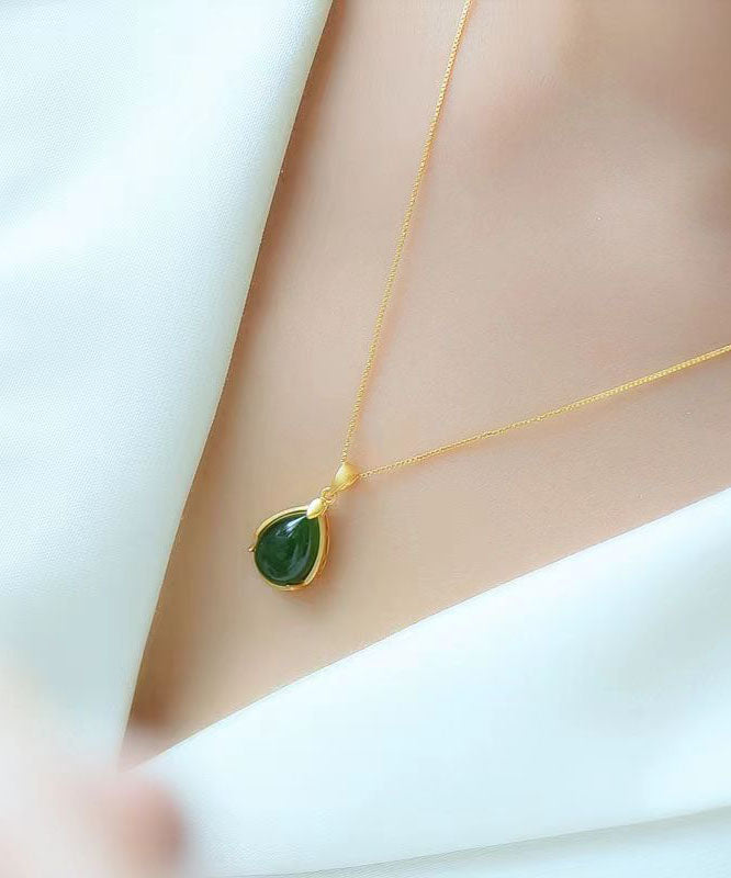 Simple Green Sterling Silver Overgild Jade Water Droplet Pendant Necklace