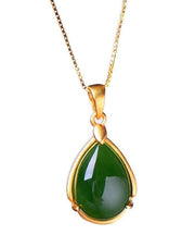 Simple Green Sterling Silver Overgild Jade Water Droplet Pendant Necklace