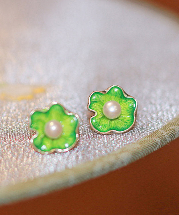 Simple Green Sterling Silver Pearl Lotus Stud Earrings