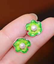 Simple Green Sterling Silver Pearl Lotus Stud Earrings